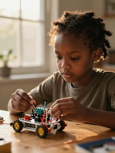 A focused young African girl working on a robotics kit under soft golden-hour window light, shallow depth of field, 35mm