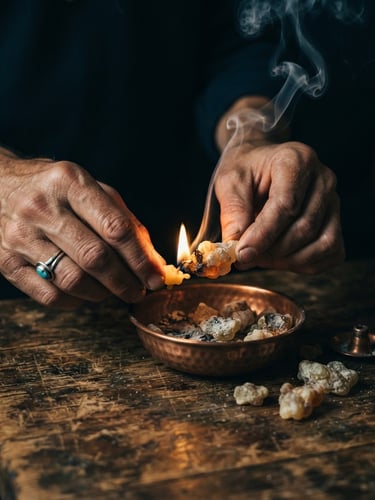 Manos encendiendo sahumerio de copal, humo sutil elevándose, sobre madera rústica, luz de vela cálida y tenue, claroscuro dramático, macro lens, 35mm.
