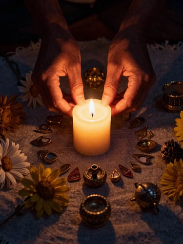 Primer plano de flores andinas secas y elementos rituales sobre una tela rústica, luz de vela, tonos tierra y oro, claroscuro, enfoque en la textura de las manos que preparan el ritual.