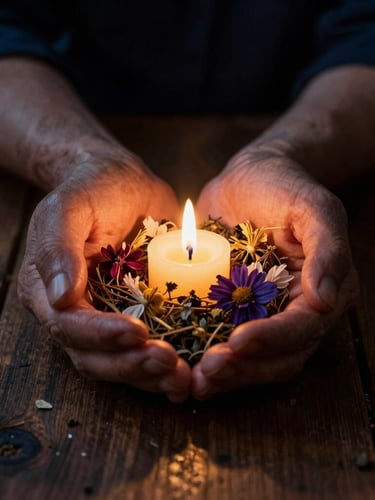 Close-up portrait of weathered hands holding a small, intricate ritualistic offering of dried flowers and herbs over a rustic wooden table, warm candlelight, deep shadows, mystical low-key photography.