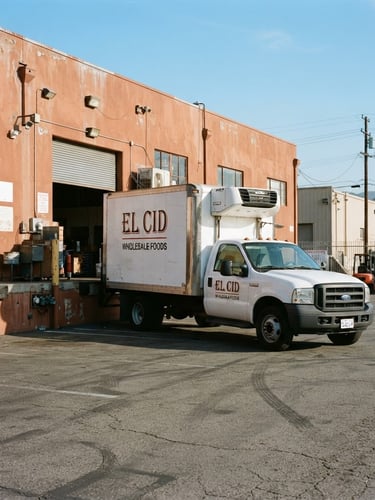 A clean white refrigerated box truck with El Cid branding parked outside a Burbank warehouse, bright natural morning daylight, warm terracotta accents, 35mm photography.