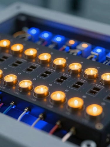 Macro shot of a high-tech Hardware-in-the-Loop simulation bench in a clean Abidjan laboratory, glowing amber indicator lights on controller modules, cool blue LED wiring backlights, shallow depth of field, sharp industrial photography.