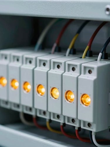 Macro shot of a clean industrial PLC control panel with neat wiring, amber indicator lights, cool laboratory lighting, shallow depth of field