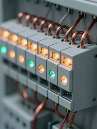 Extreme close-up macro shot of a clean industrial PLC control panel, neat copper terminal wiring, amber and green indicator lights glowing in a cool-toned laboratory, shallow depth of field.