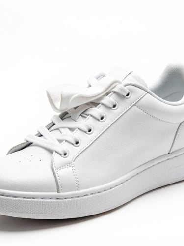 A portrait shot of a pristine white sneaker being gently wiped clean, showing a sharp contrast between a tiny scuffed area and a glowing clean surface, bright high-key studio lighting, white background.
