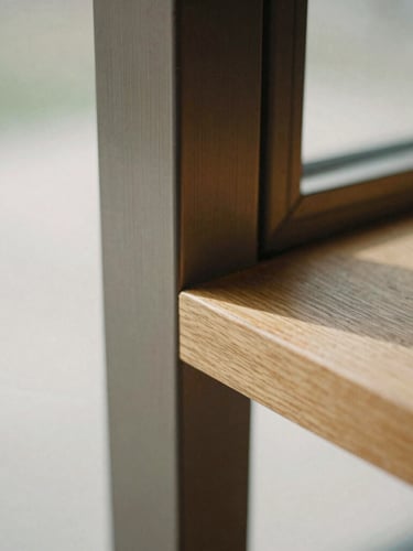 Macro photograph of a raw brushed bronze and oak wood join, soft directional morning light casting long shadows, medium format architectural film style.