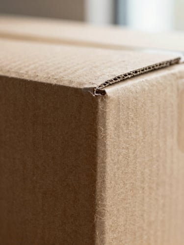 Tight macro shot of a custom debossed cardboard box corner, showing fiber texture and precise geometric fold, warm natural light, soft shadows