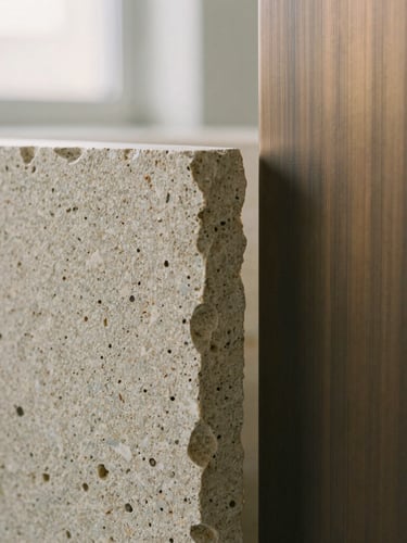 Macro photograph of raw travertine stone next to brushed bronze, showing texture and grain, soft side lighting