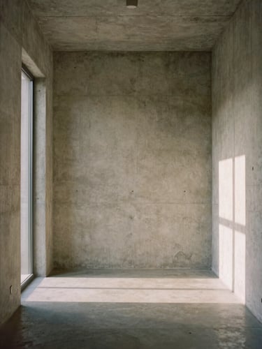 Architectural film photography of a minimalist concrete corridor, soft natural window light casting dramatic shadows, raw plaster texture, medium format 50mm lens.