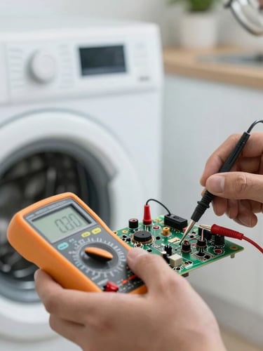 Macro close-up shot under focused cool technical light of a technician's hands using a digital multimeter to test a modern washing machine circuit board, clean minimalist kitchen background.