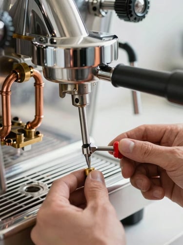 Macro close-up of a technician's hands using a professional metallic screwdriver to calibrate the internal copper pipes and brass boiler of a premium espresso machine on a clean, bright kitchen counter, cool technical lighting.