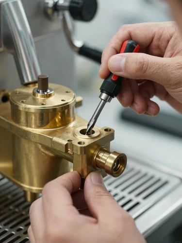 Macro close-up of a technician's hand using a precision screwdriver on a clean brass espresso machine boiler, bright natural daylight, clinical kitchen setting.