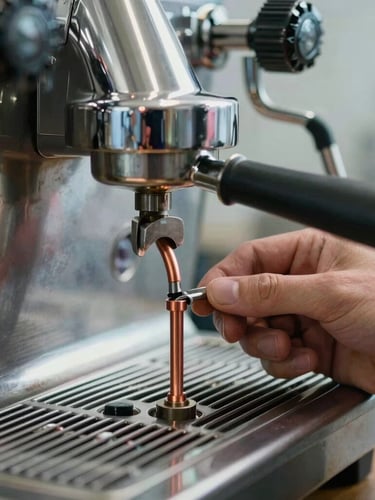 Macro close-up of a technician's hand using a precise metallic tool to adjust a copper pipe inside a premium espresso machine, clean organized workbench, focused cool-toned technical lighting.