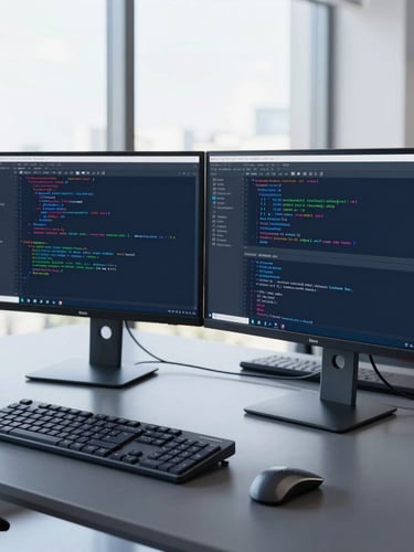 Sleek modern workstation with a dual-monitor setup displaying clean web design code and server metrics, bright natural office daylight, cool blue tones, sharp focus, 35mm