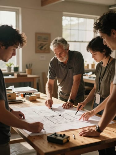 A medium shot of a local community workshop, warm natural daylight filtering through windows, community leaders collaborating over architectural blueprints on a wooden table, rich muted earth tones, 35mm film style.