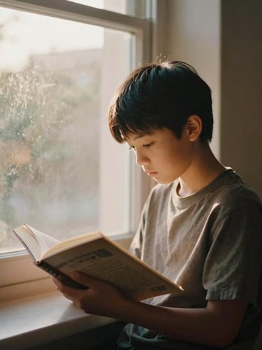 A warm environmental portrait of a young student reading by a large window with soft golden-hour light filtering in, rich muted earth tones, 35mm film style.