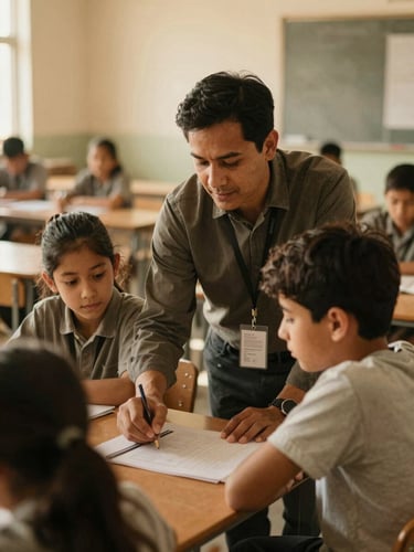 A medium environmental portrait of a local mentor guiding a student in a warm, sunlit community classroom, soft golden hour light, rich muted earth tones, 35mm film style.