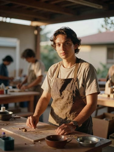 Warm environmental portrait of a local community workshop, natural golden-hour daylight, soft focus background, 35mm film style