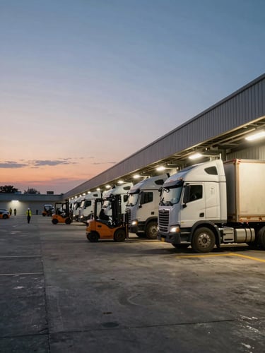 Wide panoramic shot of an active loading dock at dusk, a row of semi-trucks backed into bays on the right edge, dock workers visible in silhouette under industrial overhead lights, expansive concrete apron in the foreground with forklifts mid-operation, natural dusk light mixing with warehouse fluorescence