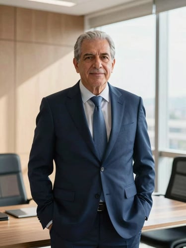 Portrait of a senior Colombian attorney in a modern, sunlit office, looking confident, warm natural light, deep blue tones, 35mm