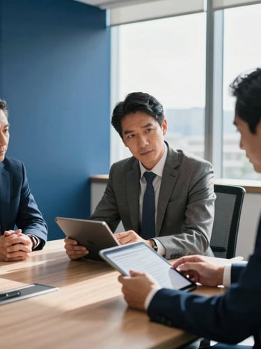 Modern sunlit Colombian corporate office boardroom, professional lawyers discussing digital documents on a tablet, bright natural window light, deep blue tones, 35mm