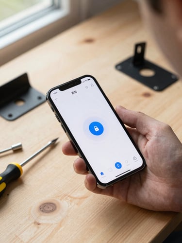 Close-up overhead view of a smartphone screen showing a smart home app interface with a lock and camera control panel, technician's hand holding the phone over a wooden workbench with a screwdriver and wall-mount bracket nearby, natural daylight from a window to the upper left