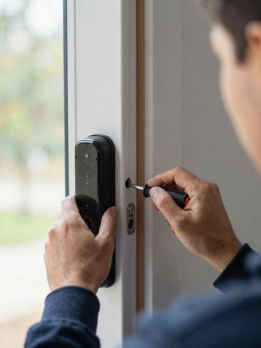 Close-up of a technician's hands mounting a smart door lock onto a white door frame, screwdriver in hand, device half-installed, natural daylight from a nearby window illuminating the work surface, wood grain visible on the door edge