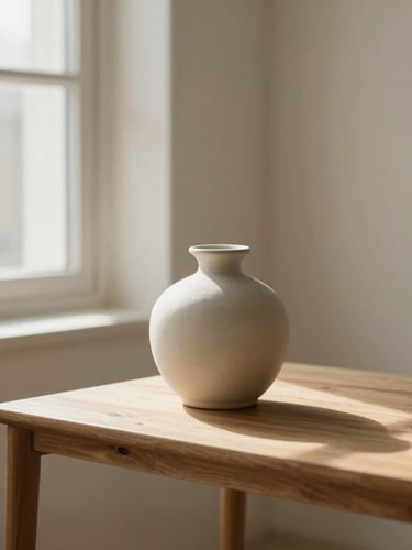Sun-drenched minimalist living space with a ceramic vase on a wooden side table, soft morning light casting gentle shadows, warm neutral tones
