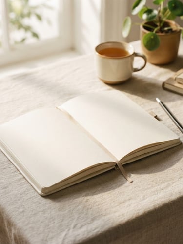 Warm editorial photography of a sun-drenched minimalist desk setup, a clean open paper planner resting on a light linen tablecloth, soft morning window light casting gentle shadows, 35mm.