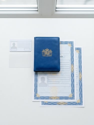Straight-on flat-lay of clean official identity card templates, blue passport folder, and neat documents on a bright white desk, high-contrast professional photography