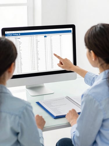 A professional counselor guiding a student and parent in a bright, clean office, pointing at a computer screen displaying college lists, organized folders on desk, natural daylight, high contrast, 35mm