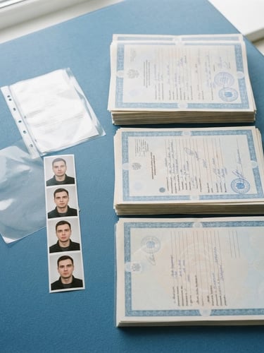 Flat-lay photography of neatly stacked official documents, high-resolution passport photos, and clear lamination sheets on a clean blue work surface, bright daylight, 35mm