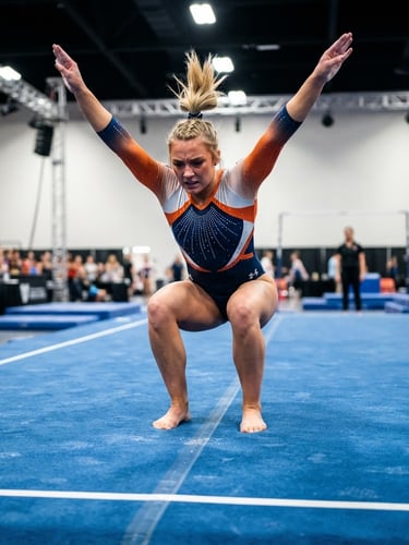 Dynamic low-angle shot of a tumbling athlete sticking a landing on a blue mat, bright high-contrast studio lighting, sharp focus