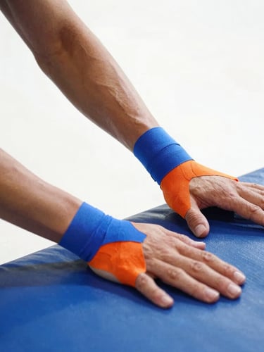 Close-up of athletic tape on a dancer's hands gripping a tumbling mat, dramatic side lighting emphasizing muscle definition, sharp focus