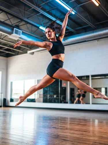 Low-angle dynamic action shot of a dancer mid-air in a bright Nampa studio, sharp focus, high-contrast studio lighting with electric blue accents