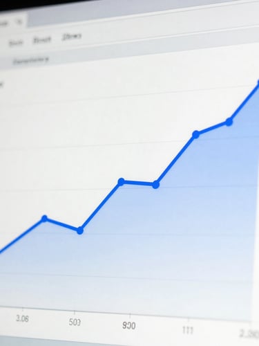 Tight macro shot of a performance marketing dashboard showing positive growth curves in cobalt blue, bright natural side-light, clean editorial, 35mm