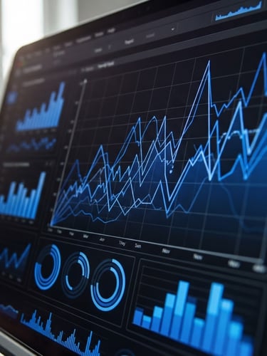 Macro shot of a high-contrast digital analytics dashboard with sharp electric cobalt blue line graphs, bright natural side-lighting, 35mm photography