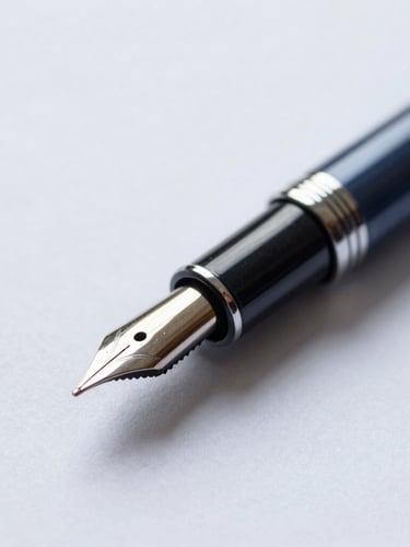 Close-up of a fountain pen resting on a finely textured financial document, soft office light, deep navy and slate tones, sharp focus, conveying precision and detail.