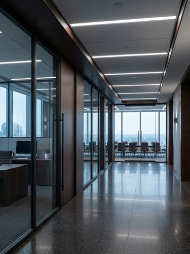 Wide shot of a modern, high-end corporate office interior with sleek dark wood and glass, cool diffused daylight, no people, emphasizing architectural lines and structure.