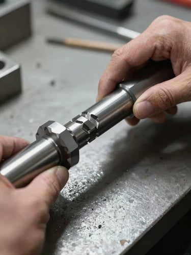 Extreme close-up of a machinist's hands gripping a precision-machined steel shaft on a workbench, bright north-facing studio light casting sharp shadows on the knurled surface, metal chips visible on the concrete desk