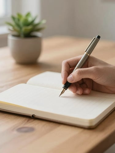 Close-up of hands writing with a fountain pen in an open notebook on a clean wooden desk, soft daylight, a small green plant in a ceramic pot in the soft focus background.