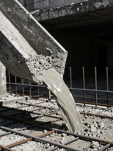 Low-angle heroic shot of wet concrete pouring from a chute onto reinforced steel rebar, high-contrast midday sunlight, deep shadows, gritty industrial texture, 35mm.