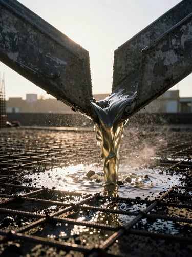 Low-angle heroic shot of wet concrete pouring from a chute into a reinforced steel grid, dramatic early morning golden hour light, dust particles visible, high-contrast 35mm photography.