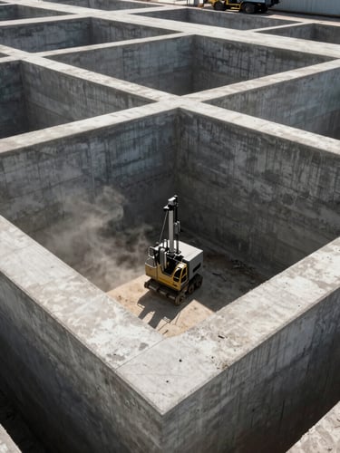 Wide-angle shot of a massive commercial concrete foundation being leveled with machinery, harsh midday sun, dust in the air, deep industrial shadows.