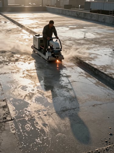 Wide-angle industrial shot of a worker operating a laser-screed machine on a massive wet concrete slab, dust particles caught in dramatic early morning golden hour light, 35mm.
