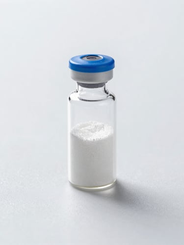 Clinical product photography, bright high-key studio lighting, a single sterile glass vial containing white lyophilized powder on a clean slate gray surface, sharp focus, macro lens.