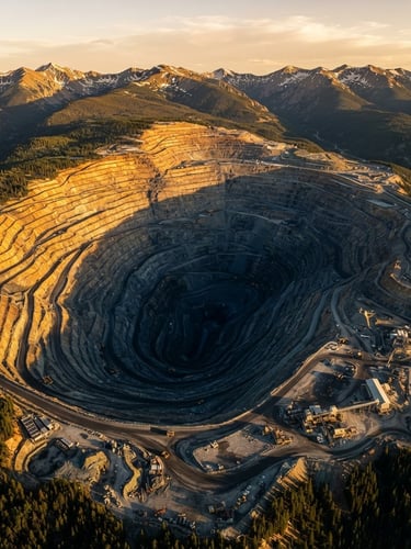 Dramatic high-altitude aerial photography of a massive open-pit mine in Colorado at golden hour, deep shadows casting over terraced terrain, sharp architectural detail, 35mm