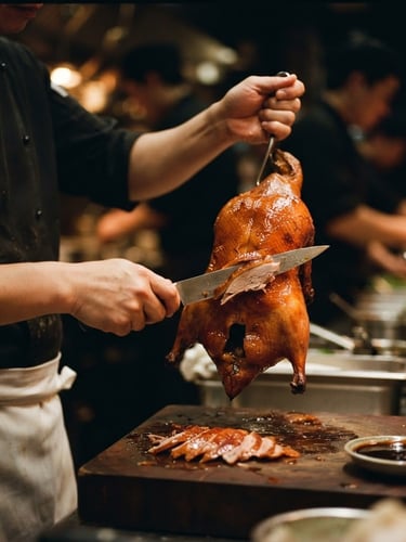 Close-up of a glistening Peking duck being carefully sliced by a chef, warm ambient kitchen lighting, dark moody background, shallow depth of field