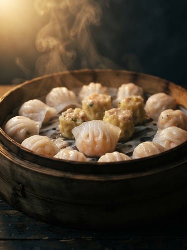 Moody close-up of steaming handmade dim sum in a bamboo basket, warm golden backlight, dark charcoal background, 35mm photography
