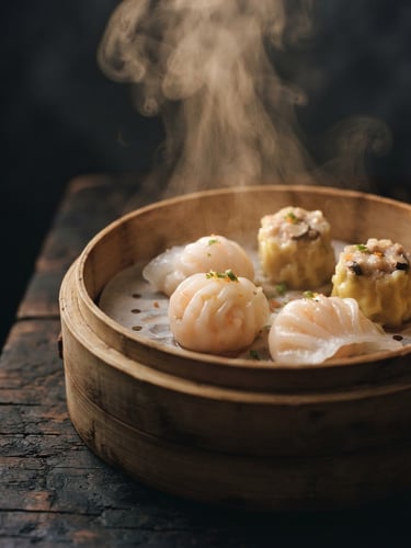 Warm low-key food photography, a close-up of steaming handmade dim sum in a bamboo basket, soft backlit steam, charcoal background, 35mm